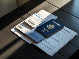 Boarding passes, passports, and a hotel booking confirmation laid on a table.