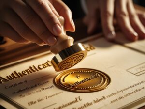 Elegant scene showing hands stamping a certificate with “Authenticated” in gold ink.