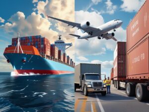 Side-by-side freight visuals_ ship, airplane, and border checkpoint.
