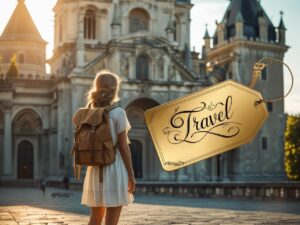 Tourist at a European landmark with a gold travel tag overlay.