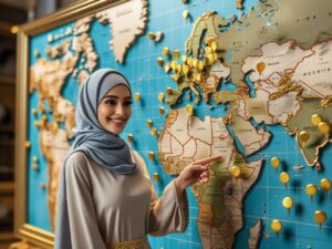 Travel agent pointing to a world map, highlighting destinations with gold pins.