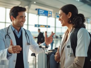 Visual of doctor and translator welcoming a patient at airport.